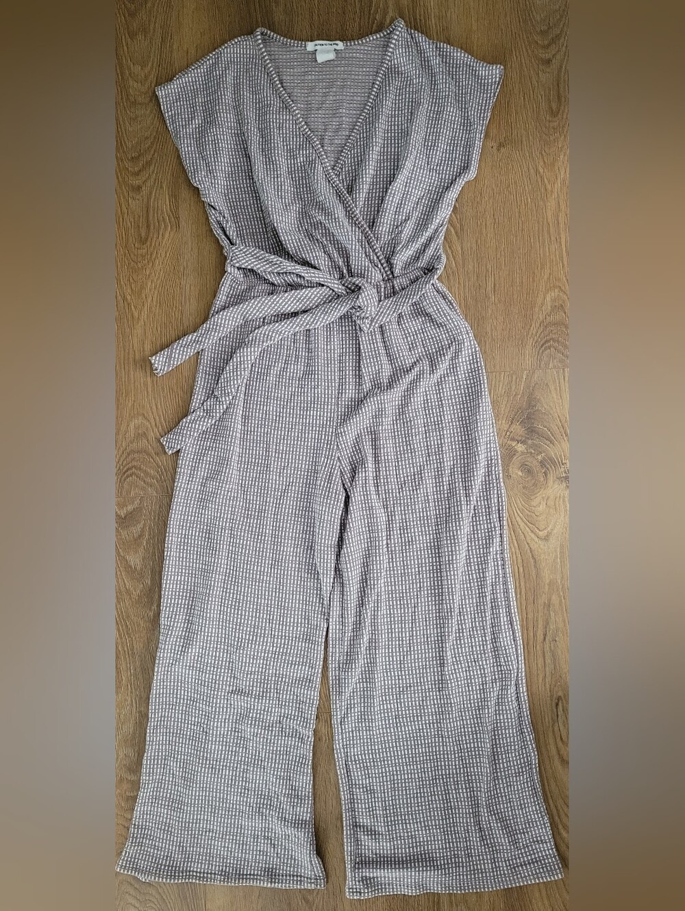 Caution To The Wind Chocolate Gray Textured Wrap Jumpsuit with Self-Tie